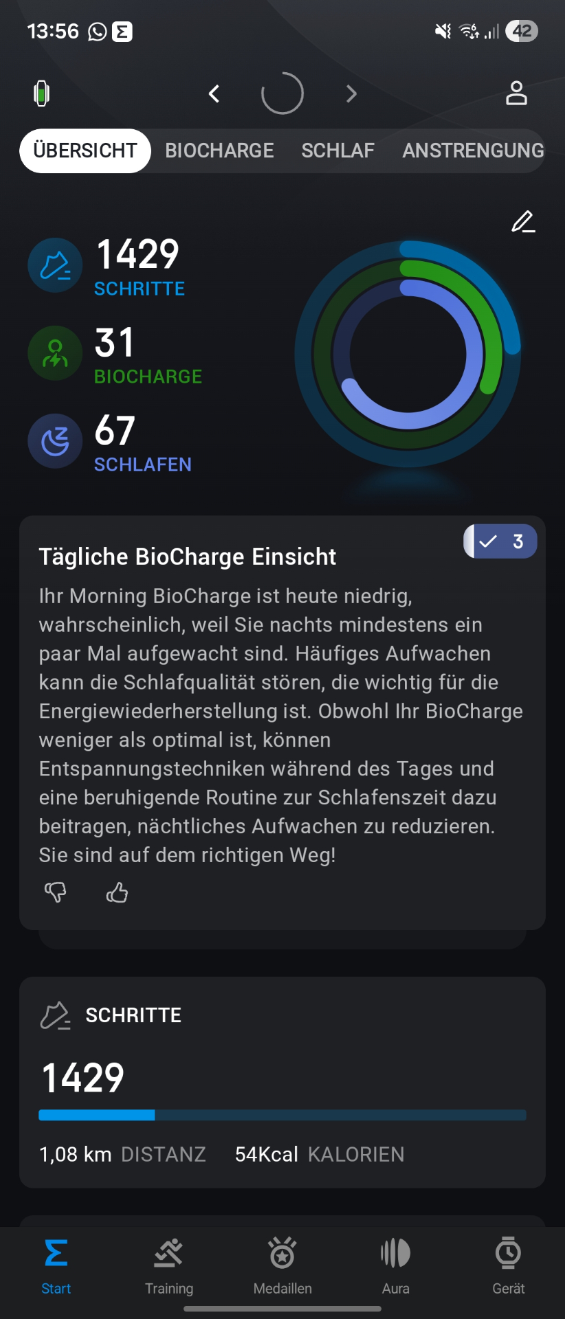 Zepp App Übersicht mit BioCharge, Schritten und Schlaf